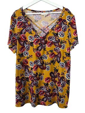 No Comment Plus Womens 3X Floral Paisley V Neck Top Boho Short Sleeve